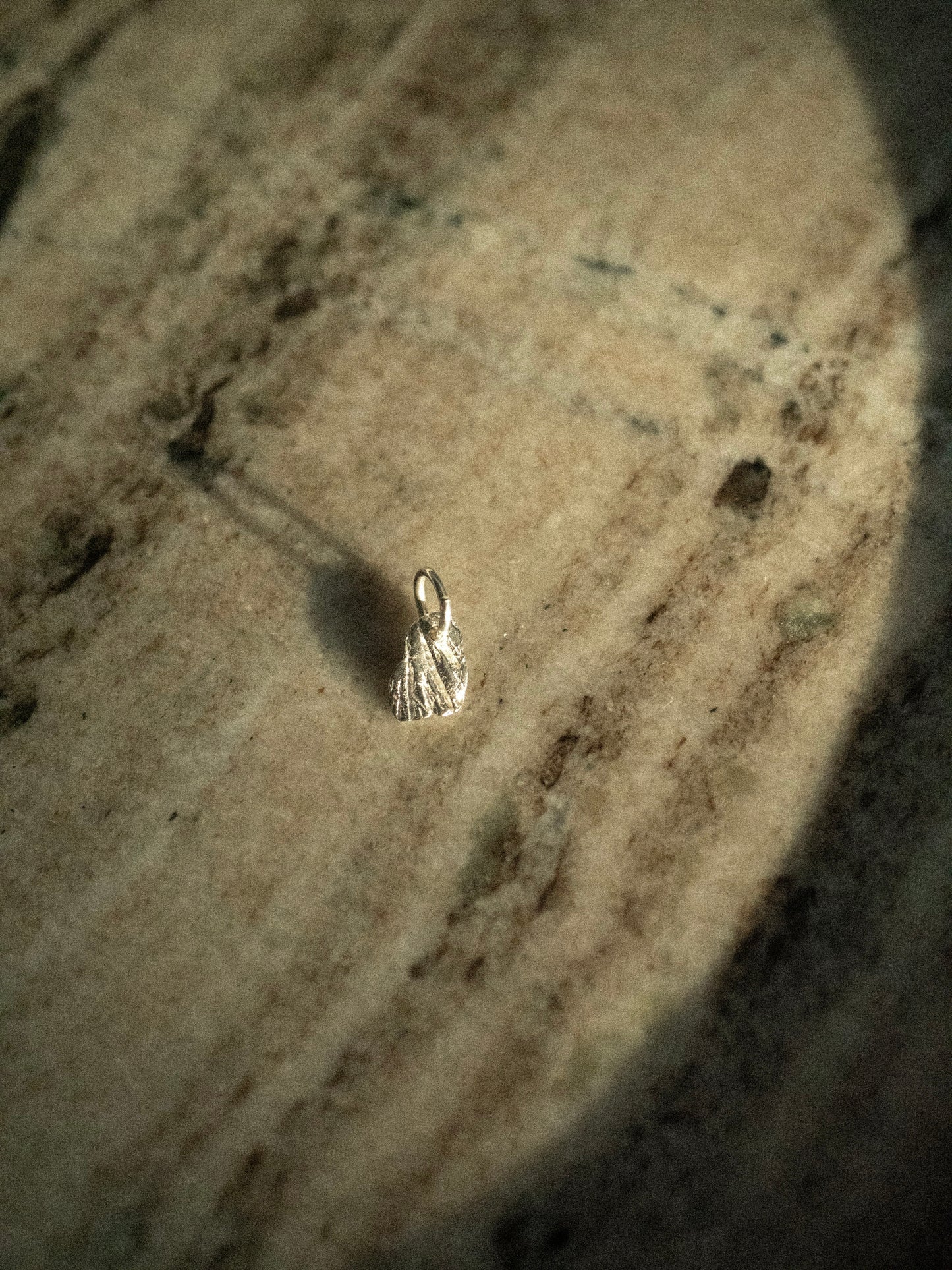 Small silver seashell shaped charm on a textured surface