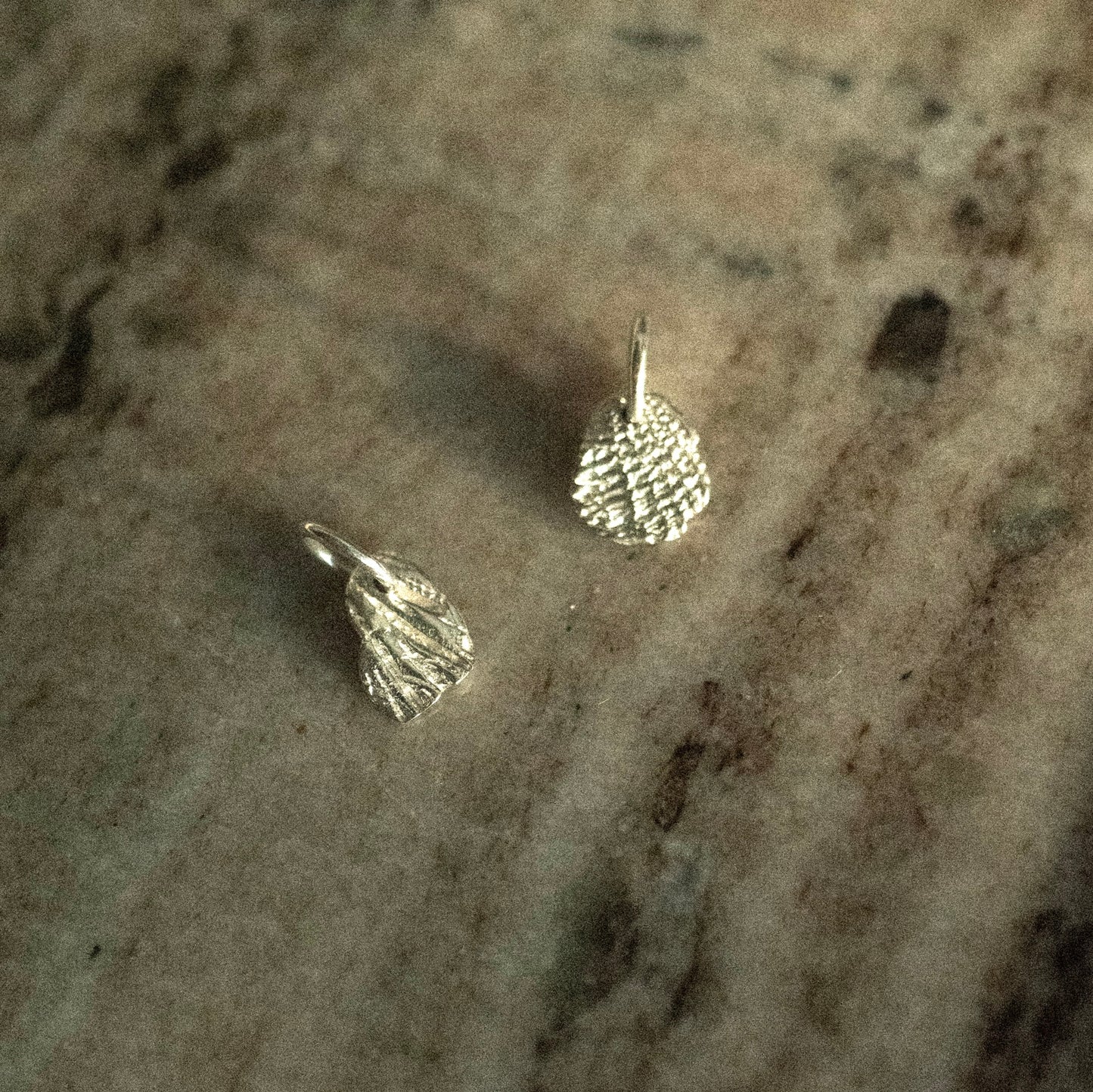 Small silver seashell shaped textured pendant on a stone surface