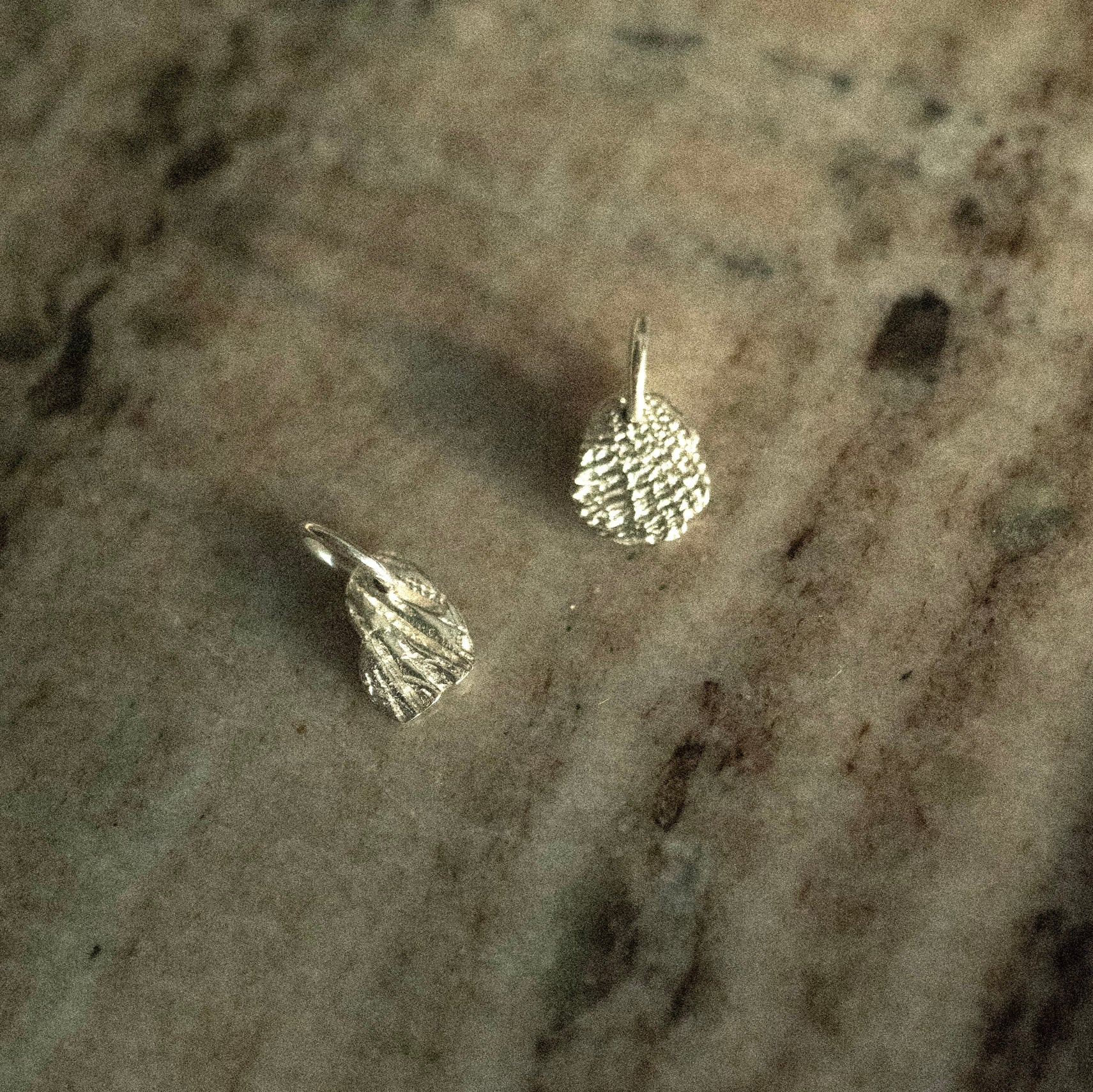 Small silver seashell shaped textured pendant on a stone surface